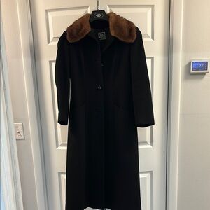 Cinzia Rocca Black Wool Coat with Brown Mink Collar